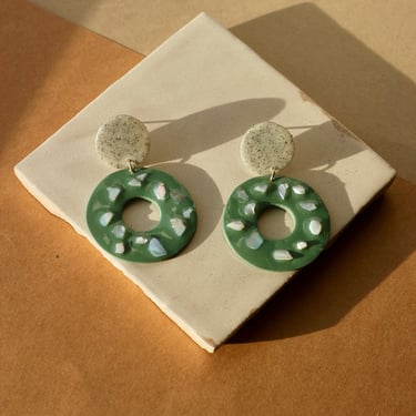 Green Statement Clay Resin Shell Earrings / Mosaic / Terrazzo 