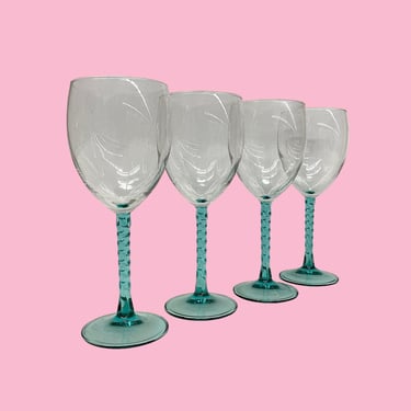Vintage Cristal D'Arques-Durand Wine Glasses Retro 1980s Contemporary + Angelique Aqua + Glass + Twisted Stems + Set of 4 + Modern Barware 