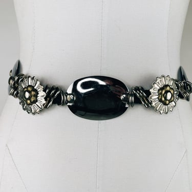 1980s-1990s Black Rope Belt w Mirrored Silver Pendants, O Rings, Flowers & Crosses 31-34
