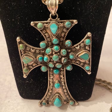 Vintage Native American Turquoise Silver Maltese Style Cross Crucifix 