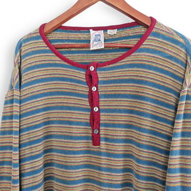 striped t shirt / terry cloth shirt / 1960s Kennington hippie striped terry cloth henley long sleeve Large 