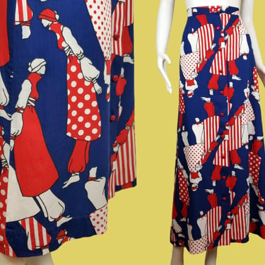 1960s pop art skirt. Maxi length, A line, wrap, buttons down the front. 60s red white blue graphic print. Psychedelic. Iconic. (27 waist) 