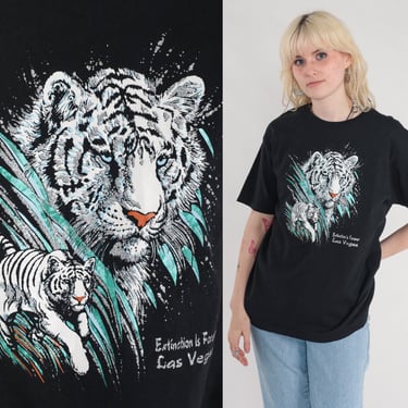 White Tiger Shirt Y2K Glitter T-Shirt Extinction is Forever Wildlife Graphic Tee Las Vegas Sparkly Animal Tshirt Vintage 00s Black Medium 