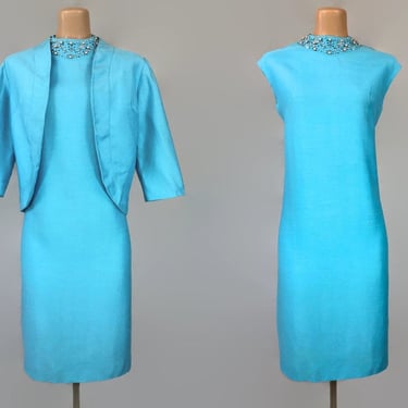 VINTAGE 60s Robbin's Egg Blue Shantung Beaded Dress and Jacket Set by Marcy Allen | 1960s Cocktail Dress | VFG 