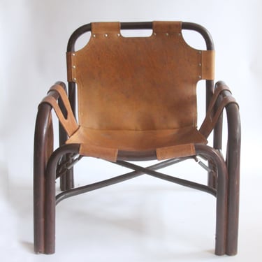 Tito Agnoli Italian Leather and Bamboo Lounge Chair, 1960s