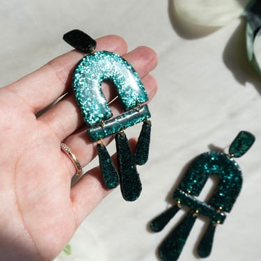 mini Kacie Earrings | Emerald Glitter, Lightweight Statement Earrings, Polymer Clay, Hypoallergenic Nickel Free Studs, Sparkly Party Style 