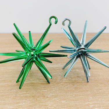 Vintage 1960s Starburst Sputnik Bradford Christmas Ornaments Blue and Green - Lot of 2 