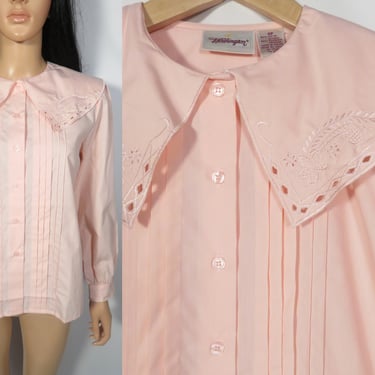 Vintage 90s Deadstock Peach Pink Bib Collar Pleated Blouse Size M 