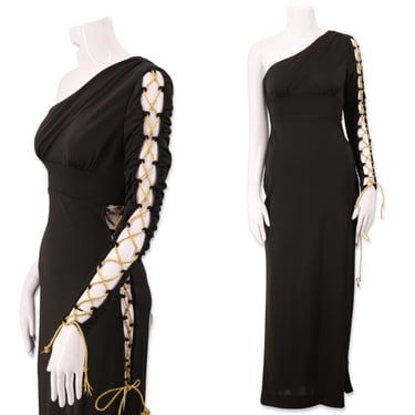 70s FUNKY lace up disco maxi dress 4, vintage 1970s one shoulder gown, black gold Studio 54 party dress S 