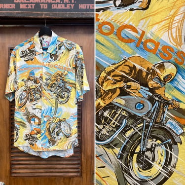 Vintage 1980’s “Jams World” MC Motorcycle Racing Pop Art Rayon Hawaiian Shirt, 80’s Vintage Clothing 