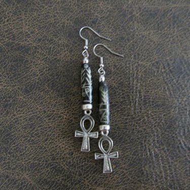 Silver Egyptian ankh and carved bone earrings 