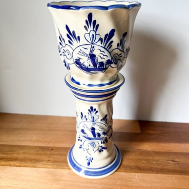 Blue and White Vintage Candleholder. Dutch Windmill Vase. Grandmillennial Candle Holder. 