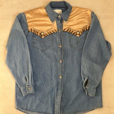 Vintage Western Denim Shirt with Satin Yoke & Rhinestone Accents size M | Vintage 90's Denim Shirt | Button Down Denim Shirt | Gifts For Mom 