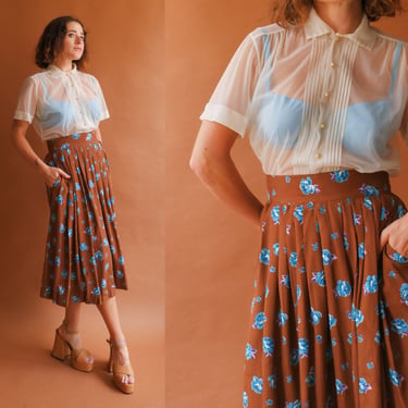 Vintage 80s Brown Floral Skirt/ 1980s Prairie High Waisted Midi Skirt with Pockets/ Size 27 