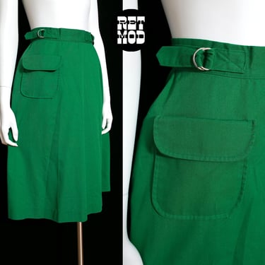 Smart Vintage 70s 80s Green Mid-Length Cotton Skirt with Pockets & Adjustable Waist 