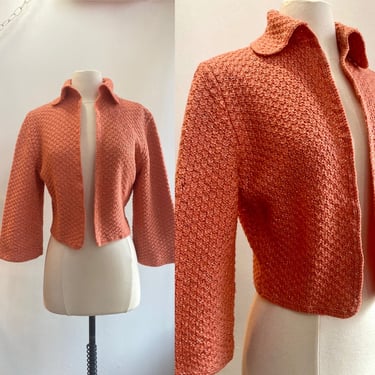 Vintage 50s Cardigan Sweater Jacket Bolero / WAFFLE Weave + GOLD LUREX Threads / Cropped + Collar + Wide Sleeves / Hand Knit 