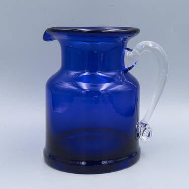 Cobalt Glass Pitcher with Clear Applied Handle | Vintage Glassware Polished Pontil 