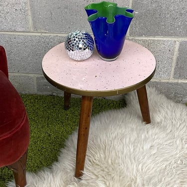 Vintage Side Table Retro 1960s Mid Century Modern + Atomic + Wood + Light Pink Laminate + Gold Speckled Design + MCM Furniture + Plant Stand 