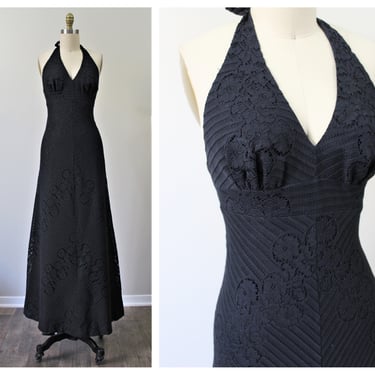 Vintage 1970s 70s Joy Stevens California Deadstock Black Chevron Lace Halter Maxi Dress NWT  // Modern Size US 0 2 4 xs s 