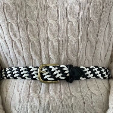 Vintage 1990s Womens Black White Leather Braided Solid Brass Buckle Belt Sz S 