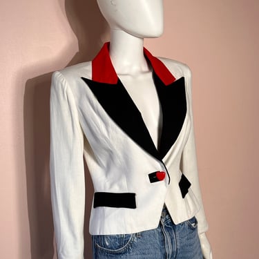 Vtg 1980s Lillie Rubin Black White Red Heart Button Jacket 