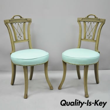 Pair of Carved Mahogany French Regency Style Chairs w/ Brass Handle & Aqua Vinyl