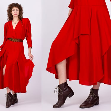 80s Red Layered Slit Skirt Maxi Dress - Medium | Vintage Boho Fitted Waist V Neck Tiered Petal Skirt Dress 