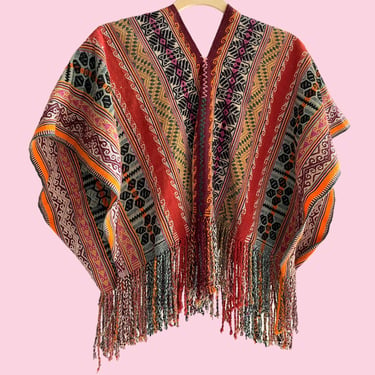 50s Vintage Guatemalan Wool Poncho, Antique Embroidered Ethnic Fringe Blanket Poncho One Size 