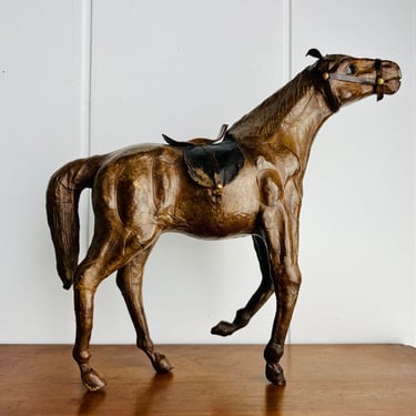 Vintage Leather Horse Sculpture with Glass Eyes, Realistic Horse Figurine, Dark Brown Hand Made Leather Sculpture, farm Decor, Rustic Decor 