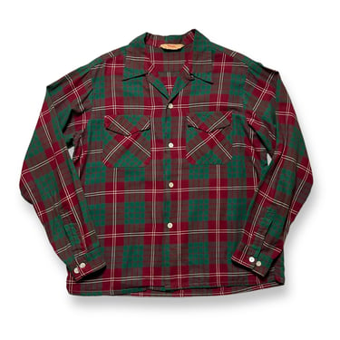 Vintage 1950s Cotton Flannel Sport Shirt ~ M to L ~ Plaid ~ Flap Pockets ~ Loop / Camp Collar ~ Wellington of Canada 