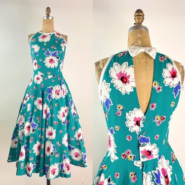 80s Floral Lanz Dress / 80s Open Back Dress / Vintage Summer Dress / Full skirt Dress/ Lanz Originals/ Size S/M 