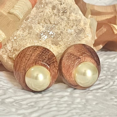 Wood Faux Pearl Earrings, Kenneth Lane, Statement Jewelry, Cabochons, Clip On Style, Sustainable Gift, Signed Ken Lane 
