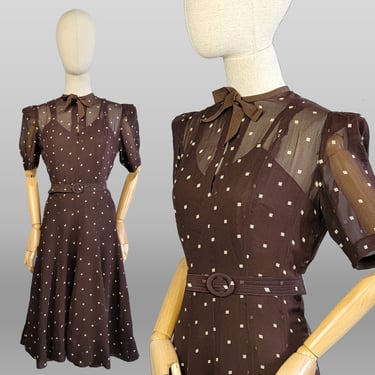 1930s Dress / 1930s Semi-Sheer Square Dot Brown Dress / 12 Gores Skirt / 1930s Day Dress /  Puff Sleeve Dress / Size Small 