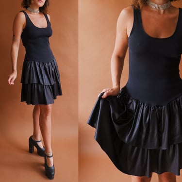 Vintage 80s Black Drop Waist Ruffle Dress/ 1980s Ribbed Tank Dress/ Madonna Style/ Size Medium Large 