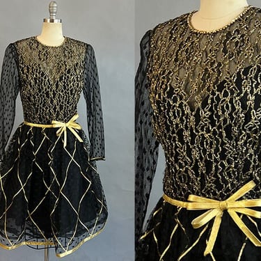 1980s Party Dress / 1980s Bill Blass Dress / Black and Gold Beaded Party Dress / Size Medium Size Small 