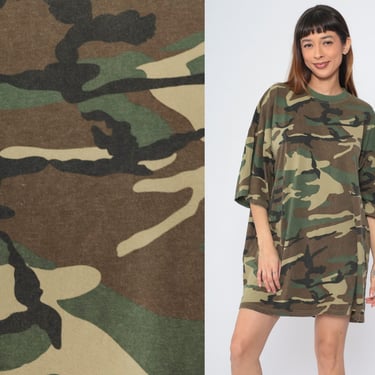 Camo T-Shirt Dress 90s Camouflage Army TShirt Green Ringer Shirt Hunting Military Mini Short Sleeve Retro Tee Vintage 1990s 4xl Plus Size 