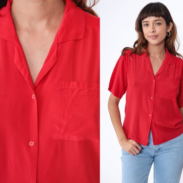 Red Silk Blouse 90s Button Up Shirt Retro Plain Simple Short Sleeve Top Chest Pocket Preppy Basic Button Down Vintage 1990s Medium 10 