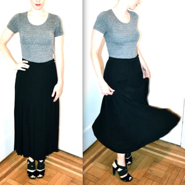 90s Vintage Black Pleated Skirt Size Large by Calvin Klein Classics // Midi Length Black Silk Skirt Pleated in Silk 