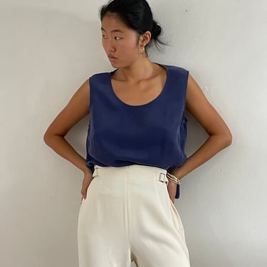 90s silk tank sleeveless blouse / vintage indigo blue sand washed silk scoop neck oversized box tank | XL 