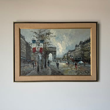 1970's De Cachera French Street Scene - Arc De Triomphe Oil Impasto Painting, Framed 