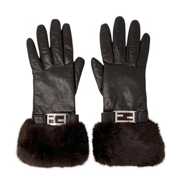 Fendi Dark Brown Fur Logo Gloves