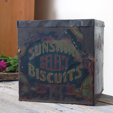 Antique Sunshine Biscuit tin / General Store counter display / Loose Wiles biscuit tin / vintage food advertising tin / rustic decor 