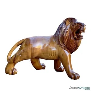 Vintage Large Traditional Mahogany African Lion Carved Floor Sculpture Statue