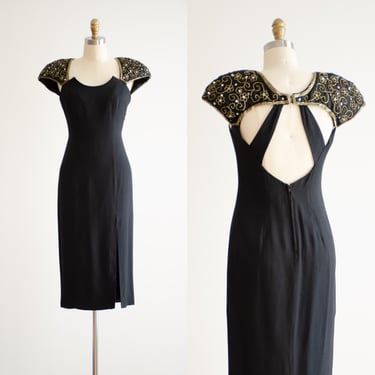 black cocktail dress 80s 90s vintage sexy beaded keyhole low back midi dress 