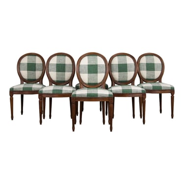 French Louis XVI Style Maple Dining Chairs W/ Green Plaid Fabric - Set of 6 