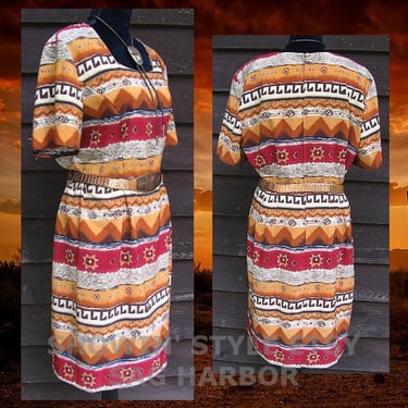 Women's Vintage Retro Southwestern Dress by Sag Harbor, Earth Tones in Aztec Style Print, Short Sleeves, Approx. Small  (see meas. below) 