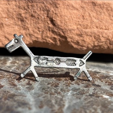 Native American - Fred Harvey Era Silver Horse Dog with Stamp Work Brooch / Pin with C Clasp 