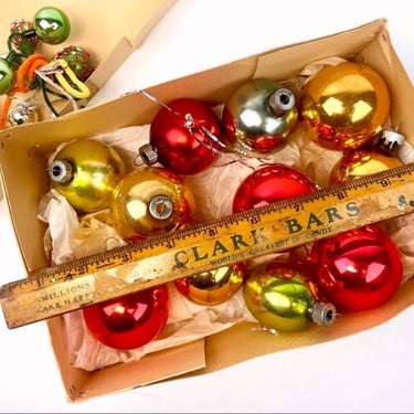 12pc Box Mid-Century Shiny Brite Xmas Ornaments, Custom Retro Set! Mixed Box of fun MCM Glass Christmas Tree Ornaments 