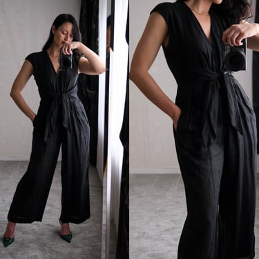 Vintage 90s DONNA KARAN Black Linen Wide Leg Belted Jumpsuit w/ Plunging Neckline | 100% Linen | Black Label | 1990s Designer Chic Jumpsuit 