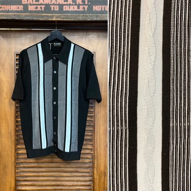 Vintage 1960’s Jet Black Mod Banlon Rat Pack Knit Rockabilly Shirt, 60’s Vintage Clothing 